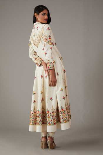 Shop_Rohit Bal_Ivory Silk, Chanderi, Cotton Embroidery Mandarin Damask Blossom Anarkali Set _Online_at_Aza_Fashions