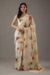 Buy_Rohit Bal_Ivory Silk Chanderi Printed Dahlia Saree With Unstitched Blouse Piece  _at_Aza_Fashions