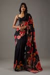 Buy_Rohit Bal_Black Silk Chanderi Printed Floral Saree With Unstitched Blouse Piece  _at_Aza_Fashions