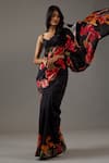 Buy_Rohit Bal_Black Silk Chanderi Printed Floral Saree With Unstitched Blouse Piece  _Online_at_Aza_Fashions