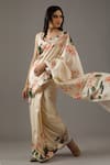 Buy_Rohit Bal_Ivory Silk Chanderi Printed Lotus Saree With Unstitched Blouse Piece  _Online_at_Aza_Fashions