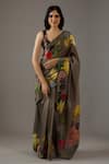 Buy_Rohit Bal_Grey Silk Chanderi Printed Bouquet Saree With Unstitched Blouse Piece  _at_Aza_Fashions