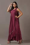 Shop_Two Sisters By Gyans_Wine Satin, Georgette Sequins Round Neck Maxi Gown With Embellished Drape _Online_at_Aza_Fashions