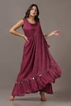 Buy_Two Sisters By Gyans_Wine Satin, Georgette Sequins Round Neck Maxi Gown With Embellished Drape _at_Aza_Fashions