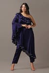 Buy_Two Sisters By Gyans_Blue Silk, Georgette Sequins One Shoulder Off Frilled Top And Pant Set _at_Aza_Fashions