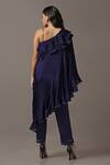 Shop_Two Sisters By Gyans_Blue Silk, Georgette Sequins One Shoulder Off Frilled Top And Pant Set _at_Aza_Fashions