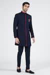 Shop_S&N By Shantnu Nikhil_Blue Lycra, Viscose, Polyester Metallic Thread Embroidered Nehru Collar Sherwani _Online_at_Aza_Fashions