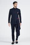 Buy_S&N by Shantnu Nikhil_Blue Poly Blend Embroidered Thread Asymmetric Draped Bandhgala _at_Aza_Fashions