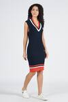 Shop_S&N By Shantnu Nikhil_Blue Viscose, Nylon V-neck Knitted Striped Dress_Online_at_Aza_Fashions