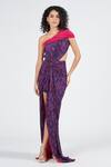 Buy_S&N by Shantnu Nikhil_Blue Poly Jersey Printed Tribal One Shoulder Draped Saree Gown _at_Aza_Fashions