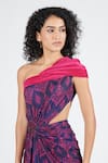 Buy_S&N by Shantnu Nikhil_Blue Poly Jersey Printed Tribal One Shoulder Draped Saree Gown _Online_at_Aza_Fashions