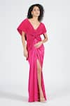 Buy_S&N By Shantnu Nikhil_Pink Nylon V-neck Draped Cape Embellished Gown _at_Aza_Fashions