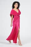 Buy_S&N By Shantnu Nikhil_Pink Nylon V-neck Draped Cape Embellished Gown _Online_at_Aza_Fashions