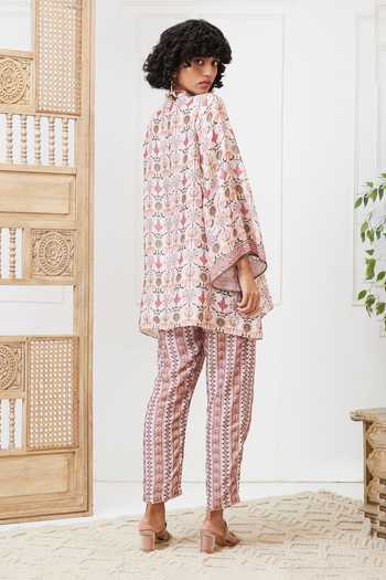 Shop_Soup By Sougat Paul_Pink Cotton, Silk Embroidery Mandarin Floral Abstract Print Shirt And Pant Set _at_Aza_Fashions