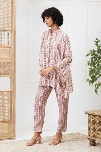Soup By Sougat Paul_Pink Cotton, Silk Embroidery Mandarin Floral Abstract Print Shirt And Pant Set _Online_at_Aza_Fashions