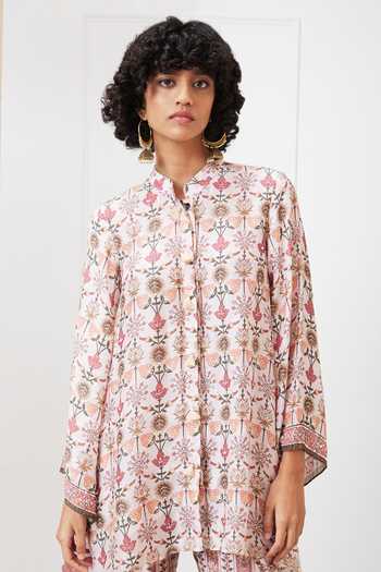 Shop_Soup By Sougat Paul_Pink Cotton, Silk Embroidery Mandarin Floral Abstract Print Shirt And Pant Set _Online_at_Aza_Fashions