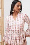Soup By Sougat Paul Pink Satin Embroidery V-neck Tabriz Printed Peplum And Sharara Set at Aza Fashions Soup By Sougat Paul_Pink Satin Embroidery V-neck Tabriz Printed Peplum And Sharara Set _at_Aza_Fashions