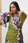 Shop Soup By Sougat Paul Green Crepe V-neck Floral Printed Angrakha And Pant Set Online at Aza Fashions Shop_Soup By Sougat Paul_Green Crepe V-neck Floral Printed Angrakha And Pant Set _Online_at_Aza_Fashions