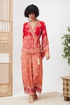 Soup by Sougat Paul_Red Crepe Printed Bandhej V Neck Angrakha And Pant Set _Online_at_Aza_Fashions