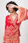 Soup by Sougat Paul_Red Crepe Printed Bandhej V Neck Angrakha And Pant Set _at_Aza_Fashions