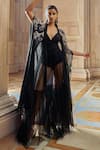 Buy_Pankaj & Nidhi_Black Silk Organza Hand Embellished Floral Bow Tie Neck Vera Cape _at_Aza_Fashions