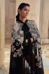 Pankaj & Nidhi_Black Silk Organza Hand Embellished Floral Bow Tie Neck Vera Cape _Online_at_Aza_Fashions