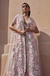 Shop_Pankaj & Nidhi_Pink Bustier Zora Floral Bloom Embellished Cape Sharara Set _at_Aza_Fashions