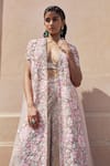 Shop_Pankaj & Nidhi_Pink Bustier Zora Floral Bloom Embellished Cape Sharara Set _Online_at_Aza_Fashions