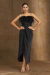 Buy_Naintara Bajaj_Black Satin Embellished Feather Work Straight Draped Dress_at_Aza_Fashions