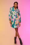 Buy_SO US by Sougatpaul_Green Glass Satin Printed Metropolis Mosaic Notched Shirt Dress  _at_Aza_Fashions