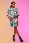 SO US by Sougatpaul_Green Glass Satin Printed Metropolis Mosaic Notched Shirt Dress  _Online_at_Aza_Fashions