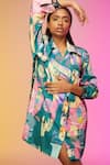 SO US by Sougatpaul_Green Glass Satin Printed Metropolis Mosaic Notched Shirt Dress  _at_Aza_Fashions