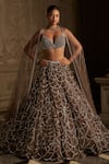 Buy_Seema Gujral_Brown Net Embroidery Crystal Plunging Chandelier Bridal Lehenga Set _at_Aza_Fashions