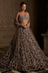 Seema Gujral_Brown Net Embroidery Crystal Plunging Chandelier Bridal Lehenga Set _Online_at_Aza_Fashions