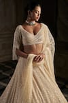 Seema Gujral_Cream Net Embroidery Crystal Plunging Neck Pearl Bridal Lehenga Set _Online_at_Aza_Fashions