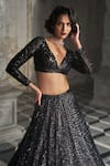 Seema Gujral_Black Net Embroidery Sequins V Neck Tonal Lehenga Set _Online_at_Aza_Fashions