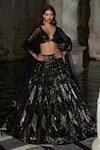 Buy_Seema Gujral_Black Net Embroidery Crystal Plunging Neck Chevron Sequin Lehenga Set _at_Aza_Fashions