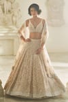 Buy_Seema Gujral_Pink Net Embroidered Pearl Plunging V Floral Bridal Lehenga Set _at_Aza_Fashions
