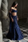 Seema Gujral_Blue Net Embroidered Sequins Off Shoulder Skirt Blouse Set _Online_at_Aza_Fashions