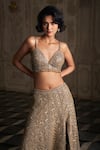Seema Gujral_Beige Net Embroidered Sequins Deep V Neck Skirt Set _Online_at_Aza_Fashions