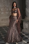 Buy_Seema Gujral_Brown Net Embroidered Sequins Deep V Neck Skirt Set _at_Aza_Fashions