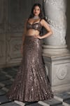 Seema Gujral_Brown Net Embroidered Sequins Deep V Neck Skirt Set _Online_at_Aza_Fashions