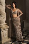 Buy_Seema Gujral_Grey Net Embroidered Sequins Deep V Neck Jacket Skirt Set _Online_at_Aza_Fashions