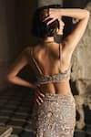 Seema Gujral_Grey Net Embroidered Sequins Deep V Neck Jacket Skirt Set _at_Aza_Fashions