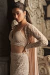 Buy_Seema Gujral_Beige Net Embroidered Thread Plunging V Pearls Jacket Lehenga Set _Online_at_Aza_Fashions