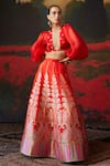 Buy_Ekaya_Red Silk Banarasi Kadhwa Paisley Motifs Handwoven Lehenga _at_Aza_Fashions