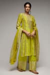 Gopi Vaid_Green Tussar, Organza Sequins, Embroidery Split V-neck Rati Kurta Sharara Set_Online_at_Aza_Fashions