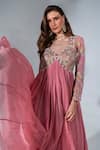 Buy_Neha Khullar_Pink Georgette Embroidery Floral Applique Leaf Anarkali With Dupatta  _Online_at_Aza_Fashions