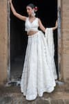 Buy_Vandana Sethi_White Organza Embroidered Pearls Leaf Neck Bridal Lehenga Set _at_Aza_Fashions