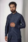 Spring Break_Blue Nehru Jacket Dupion Silk Embroidered Sequins With Kurta Set _Online_at_Aza_Fashions